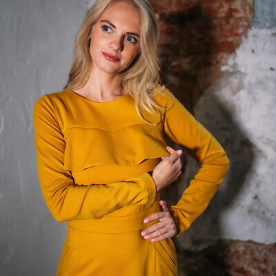 Mustard yellow long-sleeved top with ruffle