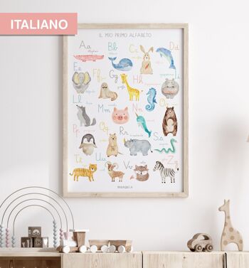 Impression pour enfants Alphabet en ITALIEN / Il mio primo alfabeto / illustration pour enfants de l'alphabet en langue italienne pour la décoration des bébés, des nouveau-nés et des enfants. 1