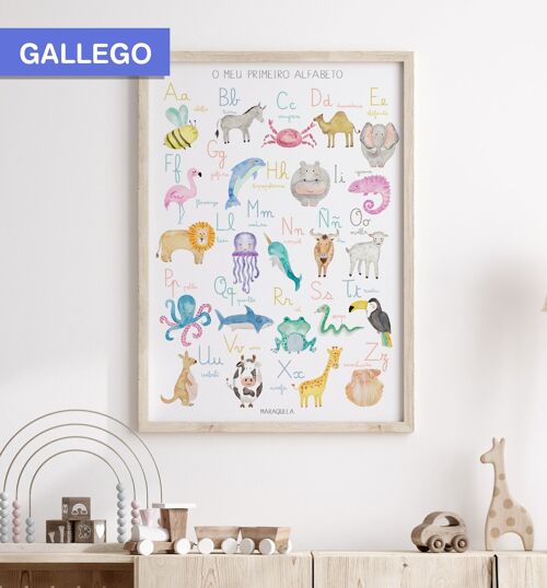 Lámina Abecedario infantil en GALLEGO/ O meu alfabeto/ Ilustración infantil del alfabeto en lengua gallega para la decoración unisex de bebés y recién nacidos
