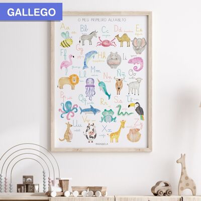 Alphabetblatt für Kinder in GALLEGO/ O meu alfabeto/ Kinderillustration des Alphabets in galizischer Sprache zur Unisex-Dekoration von Babys und Neugeborenen