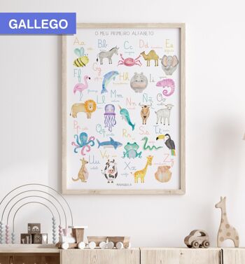 Feuille d'alphabet pour enfants en GALLEGO/ O meu alfabeto/ Illustration pour enfants de l'alphabet en langue galicienne pour la décoration unisexe des bébés et des nouveau-nés 1