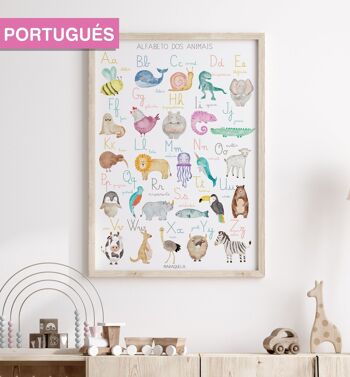 Impression alphabet pour enfants en PORTUGAIS / Alfabeto dos animaux / Illustration pour enfants de l'alphabet avec des animaux en langue portugaise pour la décoration unisexe des bébés, des nouveau-nés et des enfants 1