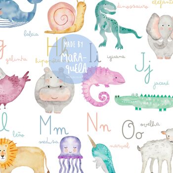 Impression alphabet pour enfants en PORTUGAIS / Alfabeto dos animaux / Illustration pour enfants de l'alphabet avec des animaux en langue portugaise pour la décoration unisexe des bébés, des nouveau-nés et des enfants 8