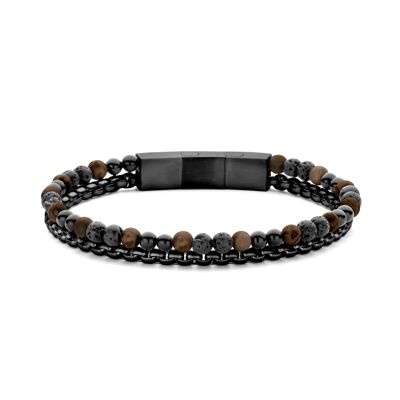 Frank 1967 bead bracelet with box chain 4mm matt lava and black agate and tiger eye 21cm