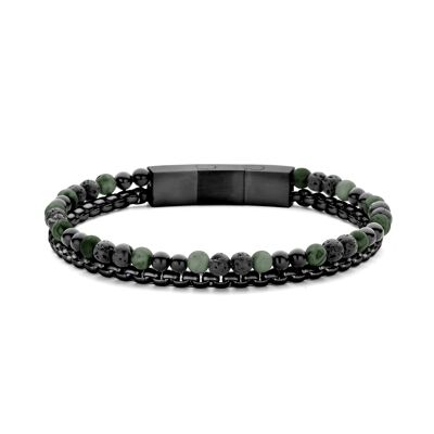 Frank 1967 bead bracelet with box chain 4mm matt lava and black agate and moss agate 21cm