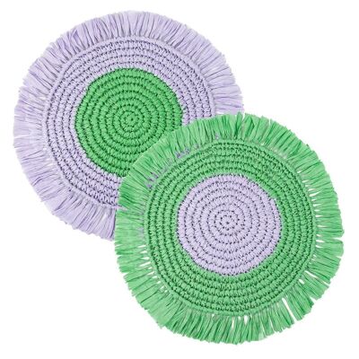 Manteles individuales de rafia de papel lila y verde, decoración primaveral, paquete de 2