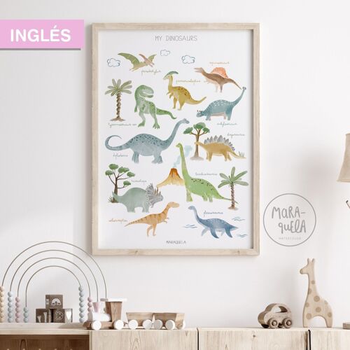 Lámina de dinosaurios / INGLÉS / Ilustración infantil de animales dinosaurios para la decoración de los niños