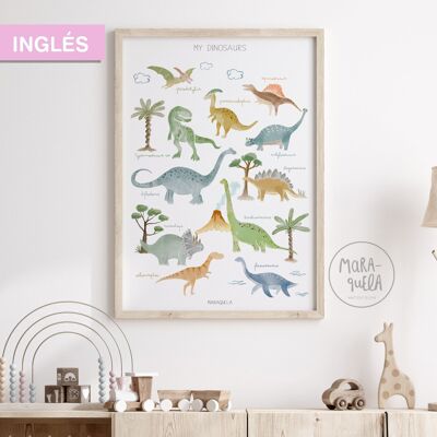 Impression dinosaure / ANGLAIS / Illustration enfantine d'animaux dinosaures pour décoration enfant