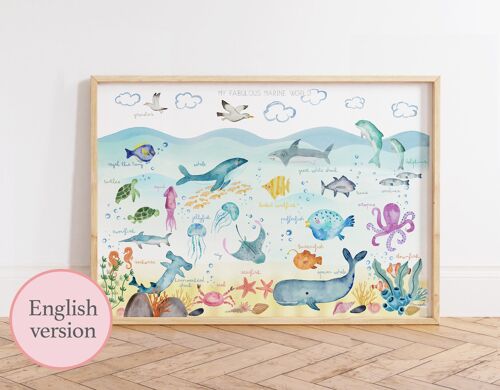 Lámina infantil del fondo marino / Ilustración infantil de los animales marinos en el fondo del mar para la decoración infantil, con diseño único realizado en acuarela / Versión INGLÉS
