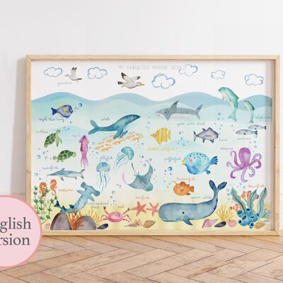 Lámina infantil del fondo marino / Ilustración infantil de los animales marinos en el fondo del mar para la decoración infantil, con diseño único realizado en acuarela / Versión INGLÉS