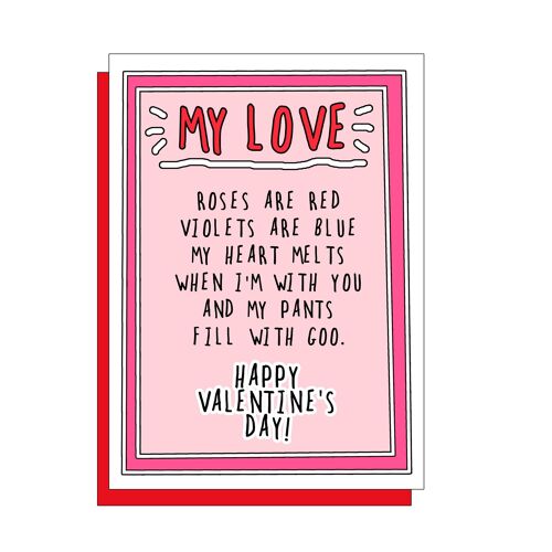 Valentine's goo funny card on a gorgeous FSC uncoated board with poppy red envelope