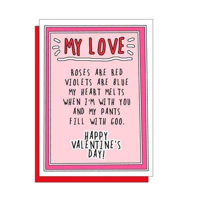 Carte drôle de Saint-Valentin sur un magnifique carton non couché FSC avec enveloppe rouge coquelicot