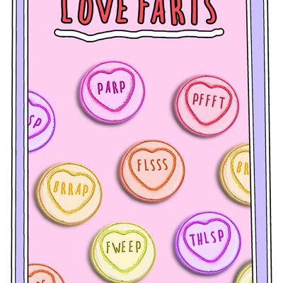 Carte de Saint-Valentin amusante Love Farts sur un magnifique carton non couché FSC avec enveloppe rouge coquelicot