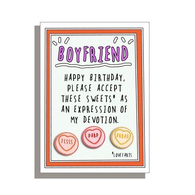 Carte d'anniversaire amusante pour petit ami sur un magnifique carton non couché FSC avec enveloppe grise.