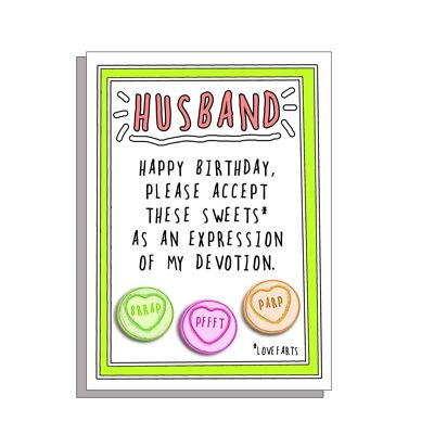 Lustige Geburtstagskarte „Ehemann furzt“ auf wunderschönem unbeschichtetem FSC-Karton mit grauem Umschlag