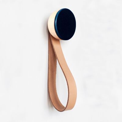 ø6cm - Round Beech Wood & Ceramic Wall Mounted Coat Hook / Hanger with Leather Strap - Dark Blue