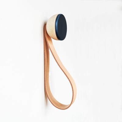 ø5cm - Round Beech Wood & Ceramic Wall Mounted Coat Hook / Hanger with Leather Strap - Dark Blue