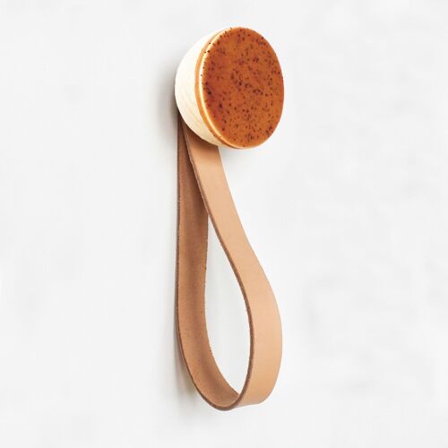 ø6cm - Round Beech Wood & Ceramic Wall Mounted Coat Hook / Hanger with Leather Strap - Terracotta Orange Specks