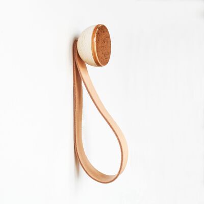 ø5cm - Round Beech Wood & Ceramic Wall Mounted Coat Hook / Hanger with Leather Strap - Terracotta Orange Specks