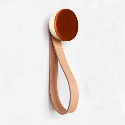 ø6cm - Round Beech Wood & Ceramic Wall Mounted Coat Hook / Hanger with Leather Strap - Dark Terracotta Orange