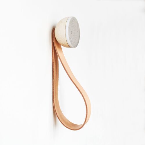 ø5cm - Round Beech Wood & Ceramic Wall Mounted Coat Hook / Hanger with Leather Strap - Grey Sand