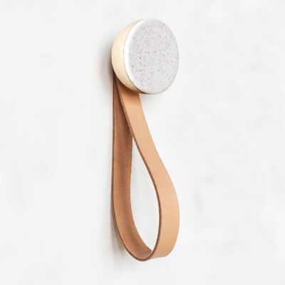 ø6cm - Percha / Percha redonda de madera de haya y cerámica de pared con correa de cuero - Arena blanca