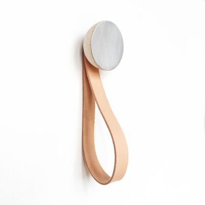 Ø6cm - Round Beech Wood & Aluminium Wall Mounted Coat Hook / Hanger with Leather Strap