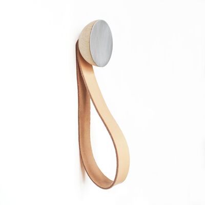 Ø5cm - Round Beech Wood & Aluminium Wall Mounted Coat Hook / Hanger with Leather Strap