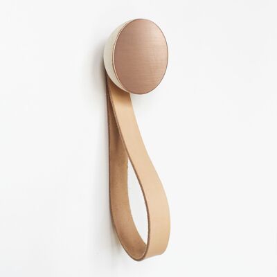 Ø6cm - Round Beech Wood & Copper Wall Mounted Coat Hook / Hanger with Leather Strap