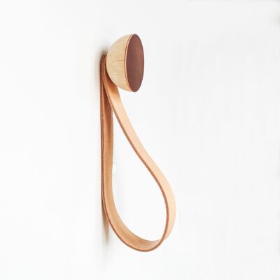 Ø5cm - Round Beech Wood & Copper Wall Mounted Coat Hook / Hanger with Leather Strap