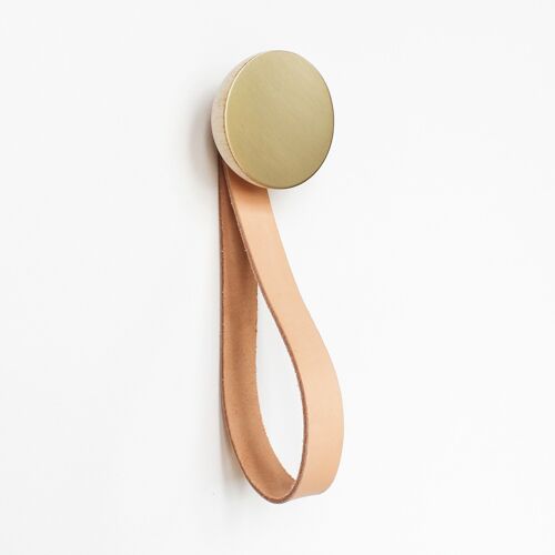 Ø6cm - Round Beech Wood & Brass Wall Mounted Coat Hook / Hanger with Leather Strap