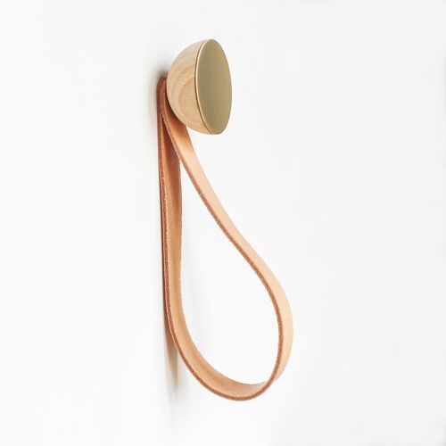 Ø5cm - Round Beech Wood & Brass Wall Mounted Coat Hook / Hanger with Leather Strap