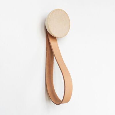 ø6cm - Round Beech Wood Wall Closet Coat Hook/Hanger with Leather Strap