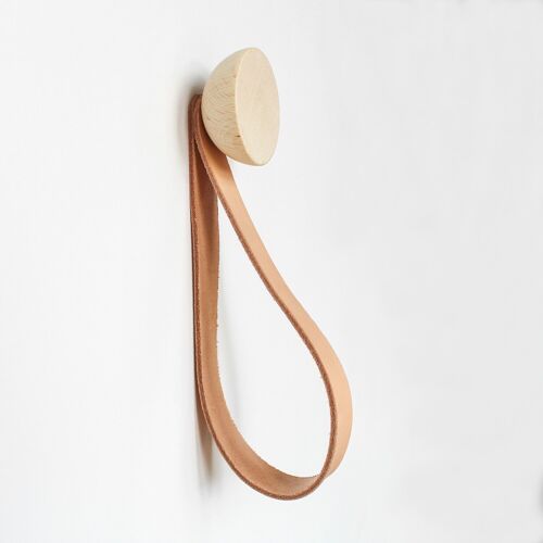 ø5cm - Round Beech Wood Wall Mounted Coat Hook / Hanger with Leather Strap