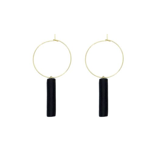 Gold Hoop Earrings - Black Bar Pendant