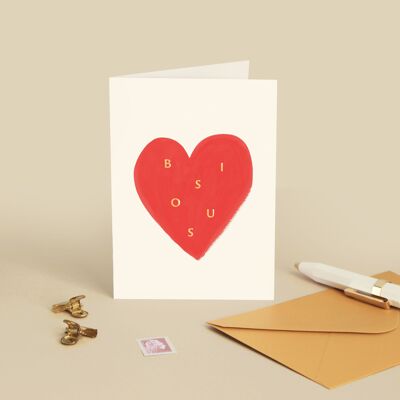 Tarjeta "Besos" Corazón Rojo - Amor / Día de la Madre / Mamá / Te amo - Mensaje en Francés - Tarjeta de Felicitación