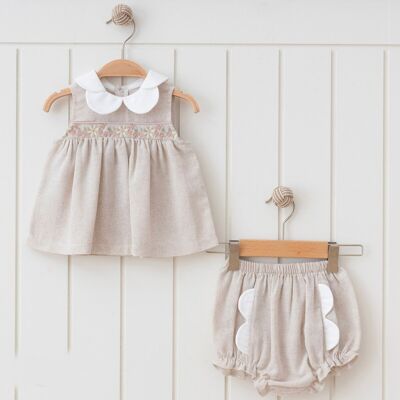 Un paquete de cinco tallas 3-24M Conjunto de pantalones cortos y top bordados de lino natural para niña de 3 a 24 meses