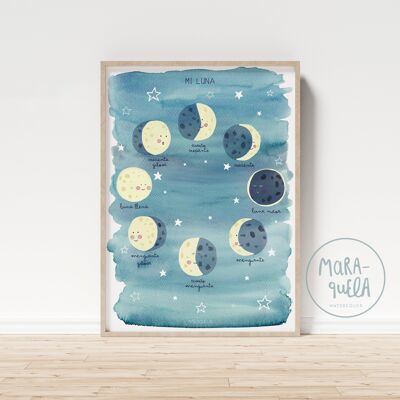 Foglio Fasi Lunari / La Mia Luna / Illustrazione per bambini per decorazione murale, tema spaziale, luna, stelle / Versione SPAGNOLA