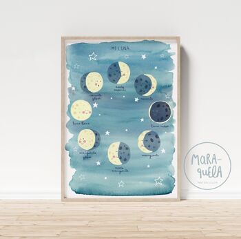 Feuille Phases de la Lune / Ma Lune / Illustration pour enfants pour décoration murale, thème espace, lune, étoiles / Version ESPAGNOLE 1