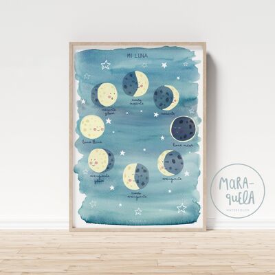 Lámina Fases Lunares / Mi Luna / Ilustración infantil para la decoración de paredes, temática espacio, luna, estrellas / Versión ESPAÑOL