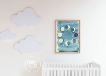 Feuille Phases de la Lune / Ma Lune / Illustration pour enfants pour décoration murale, thème espace, lune, étoiles / Version ESPAGNOLE 2