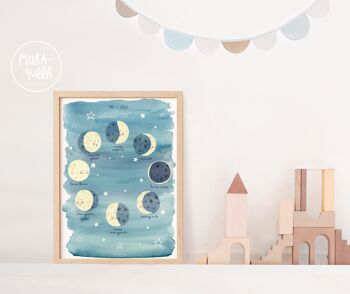 Feuille Phases de la Lune / Ma Lune / Illustration pour enfants pour décoration murale, thème espace, lune, étoiles / Version ESPAGNOLE 3