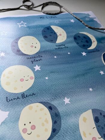 Feuille Phases de la Lune / Ma Lune / Illustration pour enfants pour décoration murale, thème espace, lune, étoiles / Version ESPAGNOLE 5