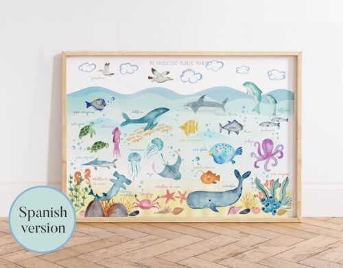 Lamina infantil del mar y animales marinos / Ilustración del océano con animales del fondo marino para la decoración unisex de paredes de niños / Lámina educativa / Versión ESPAÑOL