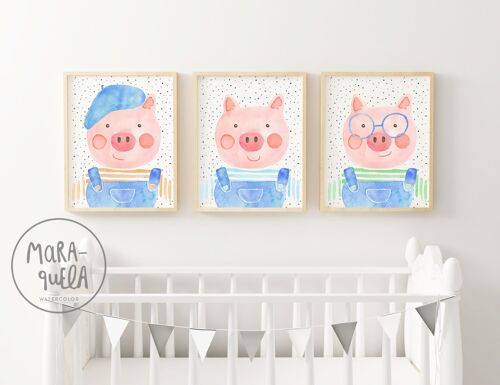 Set de láminas infantiles de los Tres Cerditos / Ilustraciones infantiles para la decoración de las paredes en la habitación de bebés, recién nacidos, niños y niñas