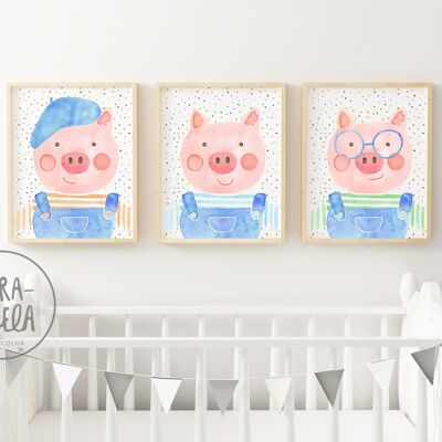 Satz Kinderdrucke der drei kleinen Schweinchen / Kinderillustrationen zur Dekoration der Wände in den Zimmern von Babys, Neugeborenen, Jungen und Mädchen