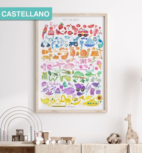 Lámina infantil de los Colores en CASTELLANO / ilustración infantil divertida, colorida y educativa para la decoración de niños y bebés / Diseño realizado en acuarela