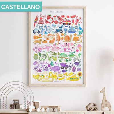 Lámina infantil de los Colores en CASTELLANO / ilustración infantil divertida, colorida y educativa para la decoración de niños y bebés / Diseño realizado en acuarela