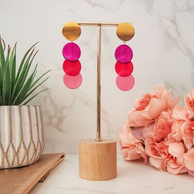 Pink triple round leather earrings