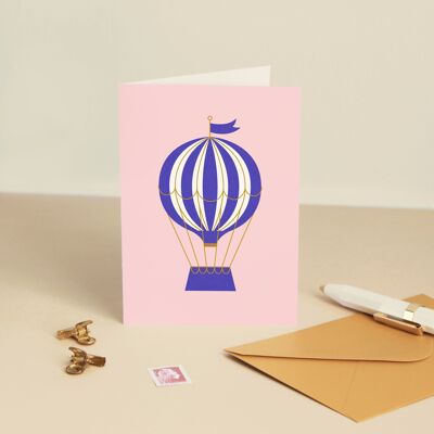 Tarjeta de globo aerostático azul índigo púrpura rosa - Aventura / Viaje / Salida - Ilustración - Tarjeta de felicitación